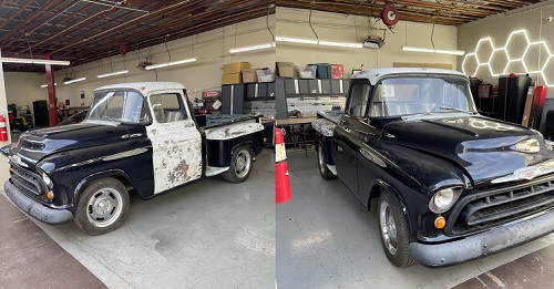 old black and white pick-up truck before and after a custom black truck wrap is installed